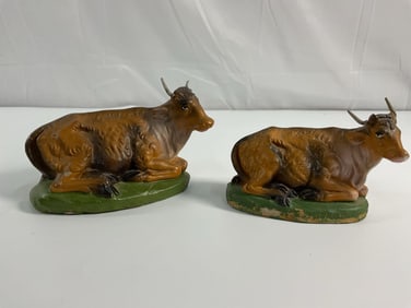 Vintage Chalkware or Plaster Reclining Cow Figurines (Pair)