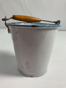 Vintage White Enamelware Mini Bucket with Wooden Handle