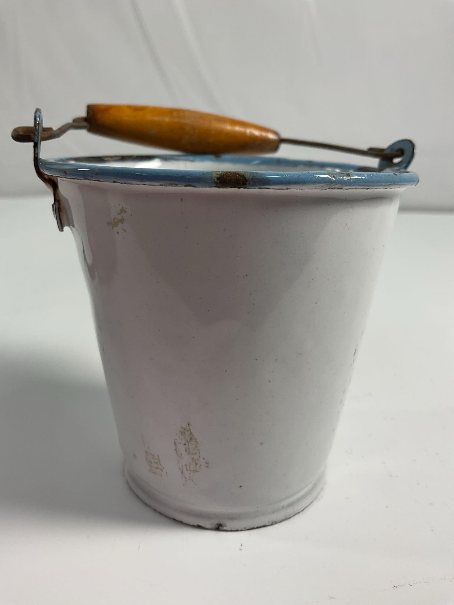 Vintage White Enamelware Mini Bucket with Wooden Handle (1 of 3)