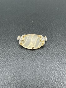 Vintage Oval Carved Stone Brooch with Gold-Tone and Rhinestone Accents