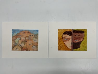 Pair of Modern Art Prints – Abstract Faces and Crowd Scene