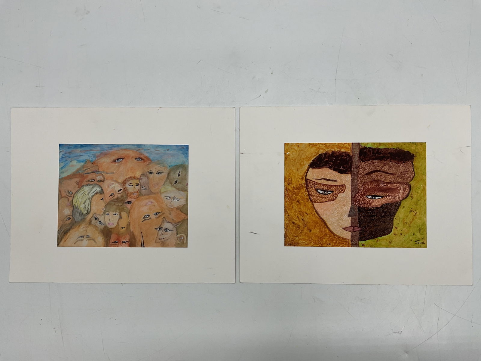 Pair of Modern Art Prints – Abstract Faces and Crowd Scene (1 of 3)