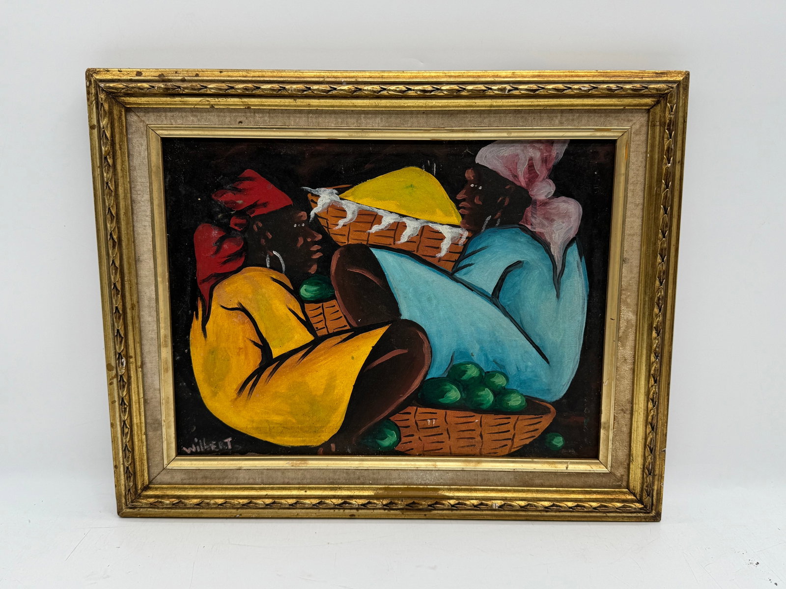 Wilbert Oil on Canvas Painting of Women with Baskets: Oil on canvas painting by Wilbert, depicting two women with baskets of fruit and other goods. Signed lower left. Framed, measuring 20 x 16 inches.