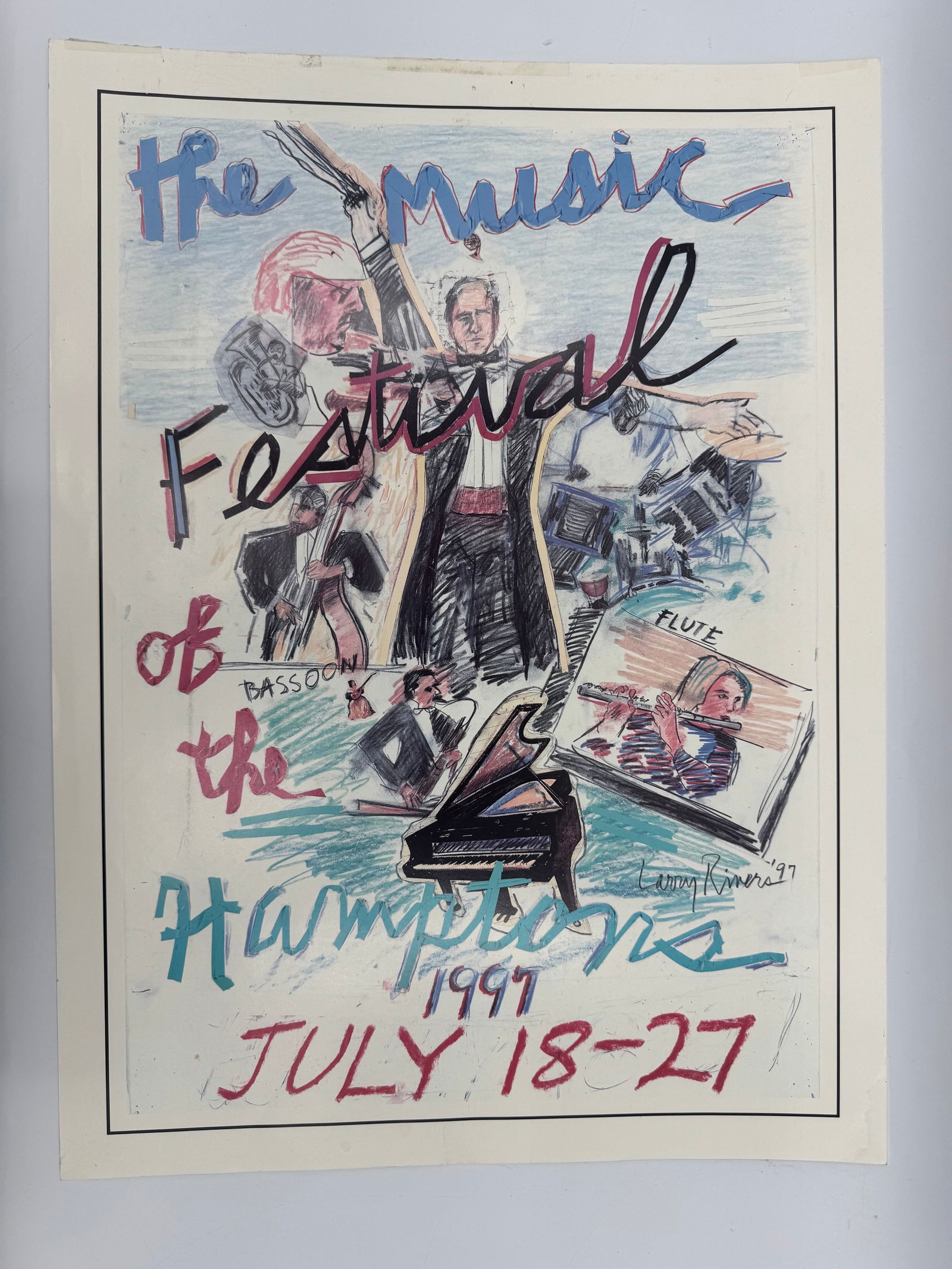 Music Festival of the Hamptons Poster, 1997: Poster for the Music Festival of the Hamptons, dated July 18-27, 1997. Features musical imagery and event details. Dimensions: 25 x 18 inches.