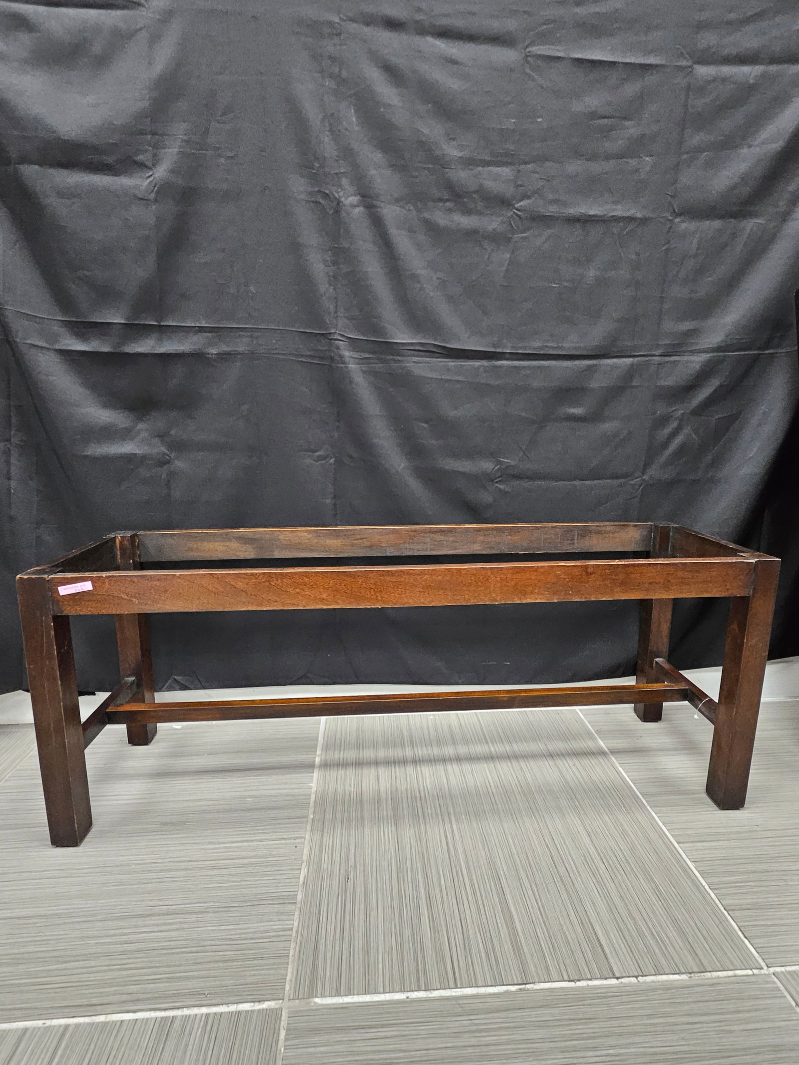 Vintage Wooden Table or Bench Base: Rectangular wooden frame with cross supports, likely the base for a glass-top table or upholstered bench. Constructed from solid wood with a dark stained finish, showing clean lines and sturdy craftsm