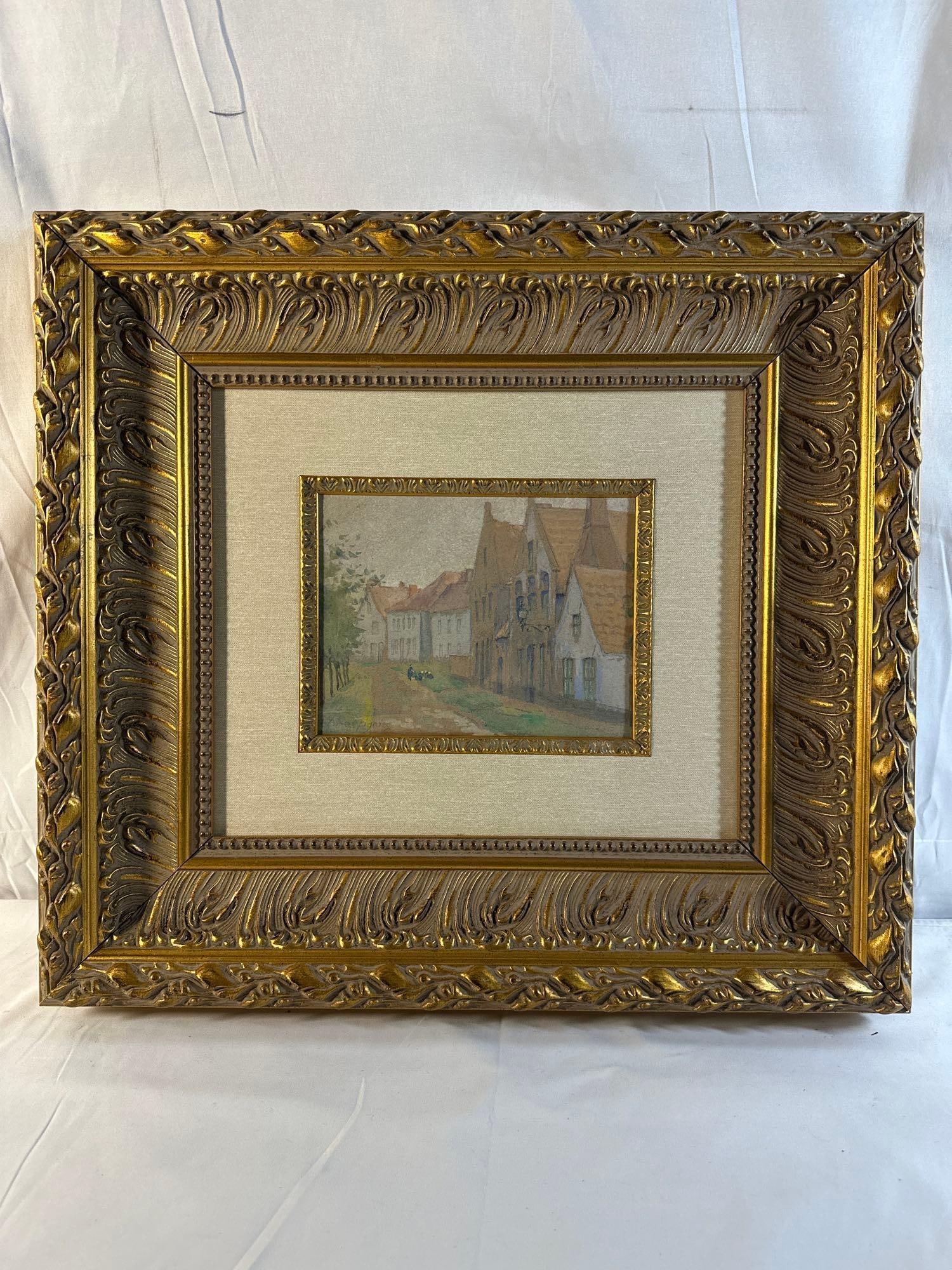 "Grittes Dans Village" by Henri Joseph Harpignies(French, 1819-1916) Watercolor: This artwork is an original watercolor painting by the esteemed French artist Henri Joseph Harpignies (1819-1916). Titled "Grittes Dans Village," the painting beautifully captures a quaint v