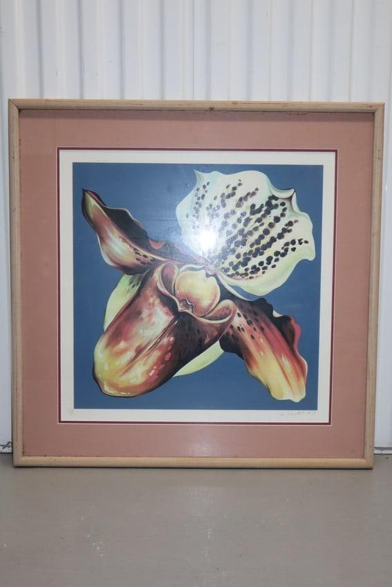 "Orchid" by Lowell Nesbitt (American,B. 1933-1993): This captivating lithograph titled "Orchid" by American artist Lowell Nesbitt showcases the artist's fascination with botanical forms, rendered in vivid detail and vibrant hues. Known fo