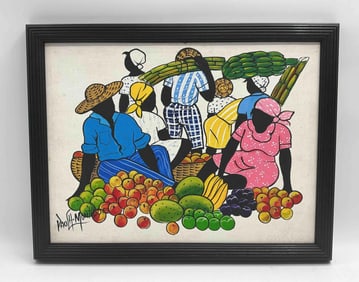 People with Fruit by Paul H. Montique (Haiti) Oil on Canvas with Paperwork