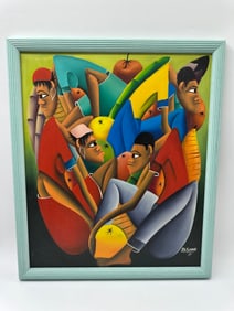 Market Figures B Sanon (Haitian) Oil on Canvas with Paperwork