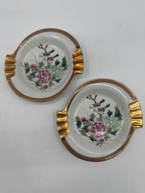 Pair of Kutani Porcelain Ashtrays with Floral Motif and Gold Handles
