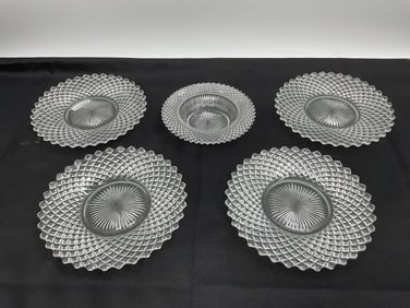 5 Pressed Glass Serving Bowls with Diamond and Starburst Pattern