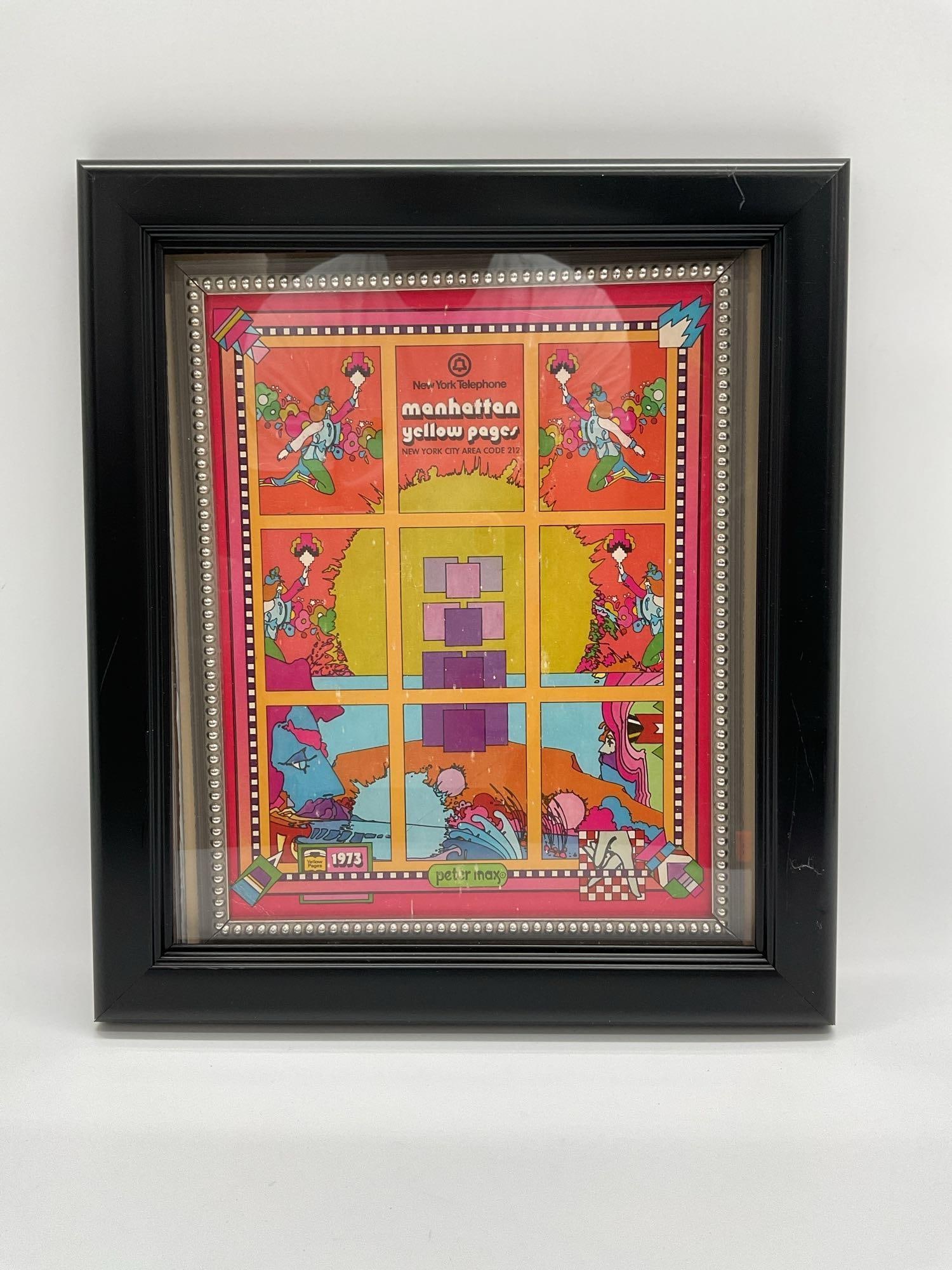 Manhattan Yellow Pages Original Cover by Peter Max: Original offset lithograph of the 1973 New York Telephone Manhattan Yellow Pages cover, designed by Peter Max. This vibrant Pop Art composition features his trademark psychedelic palette and graphic s