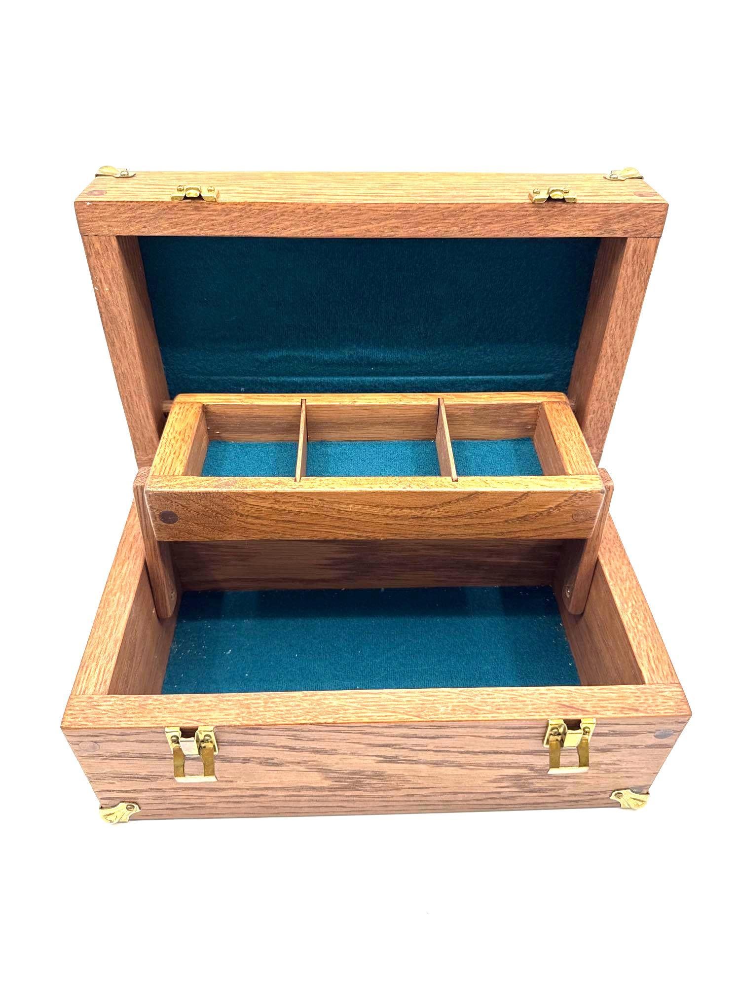 Wooden Jewelry or Trinket Box with Lift-Out Tray: A handcrafted wooden storage box featuring a lift-out tray with divided compartments. Lined with blue felt and fitted with brass-tone hardware. No artist signature visible. Medium: wood and fabric. 12