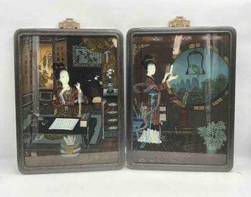 Pair of Reverse Glass Chinese Paintings with Interior Scenes