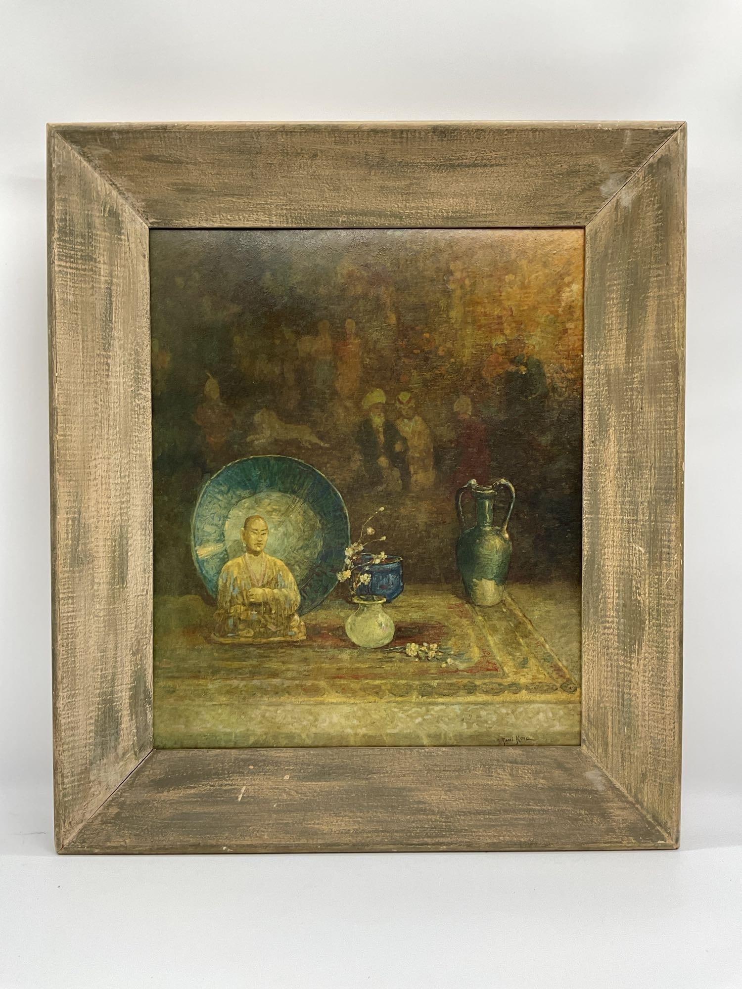 "Buddha Still life" by Paul Bernard King (American, 1867-1947) Etching: Softly lit composition featuring Asian-inspired decorative objects—a monk figurine, ceramics, and a large blue charger—arranged on a richly detailed rug with ghostly figures fading into th