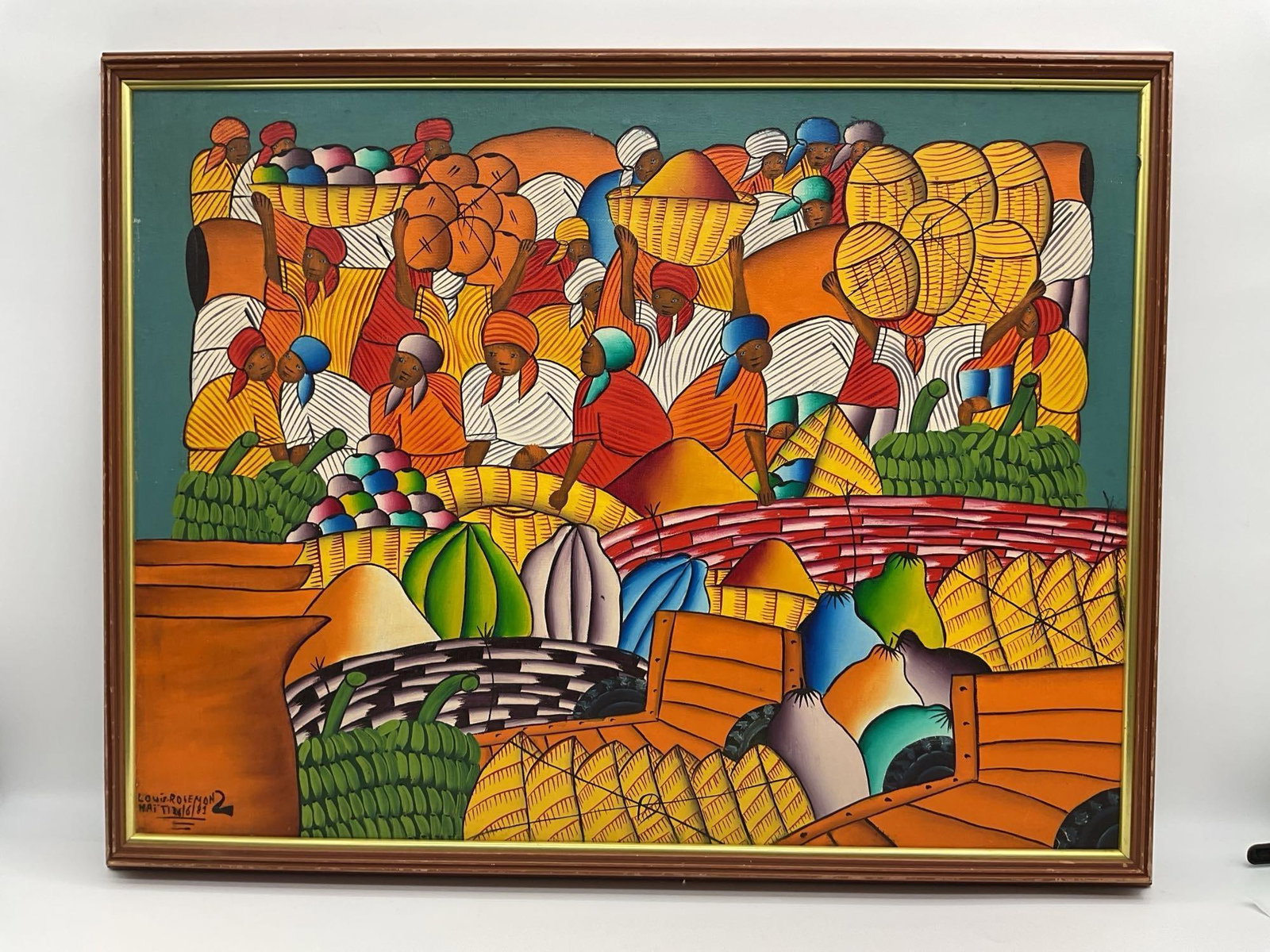 Market Crowd with Baskets by Louis Rosemond: Artist: Louis Rosemond Description: Lively Haitian painting dated 1981, showcasing a bustling market filled with women balancing baskets of produce on their heads. Executed in Rosemond&rsquo