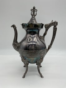 Victorian-Style Silver-Plated Teapot with Ornate Bird and Garden Engraving