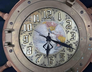 Nautical Ship Wheel Wall Clock with Map Dial