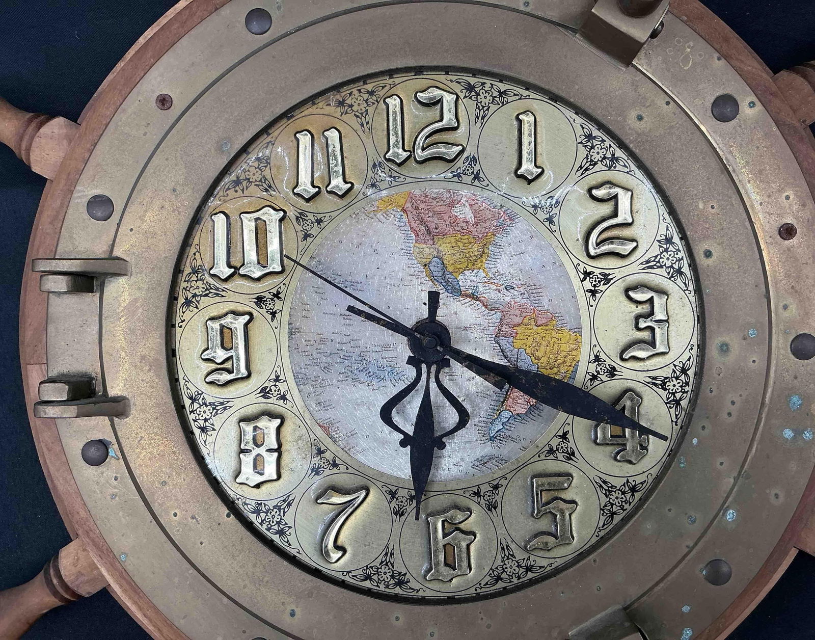 Nautical Ship Wheel Wall Clock with Map Dial (1 of 4)