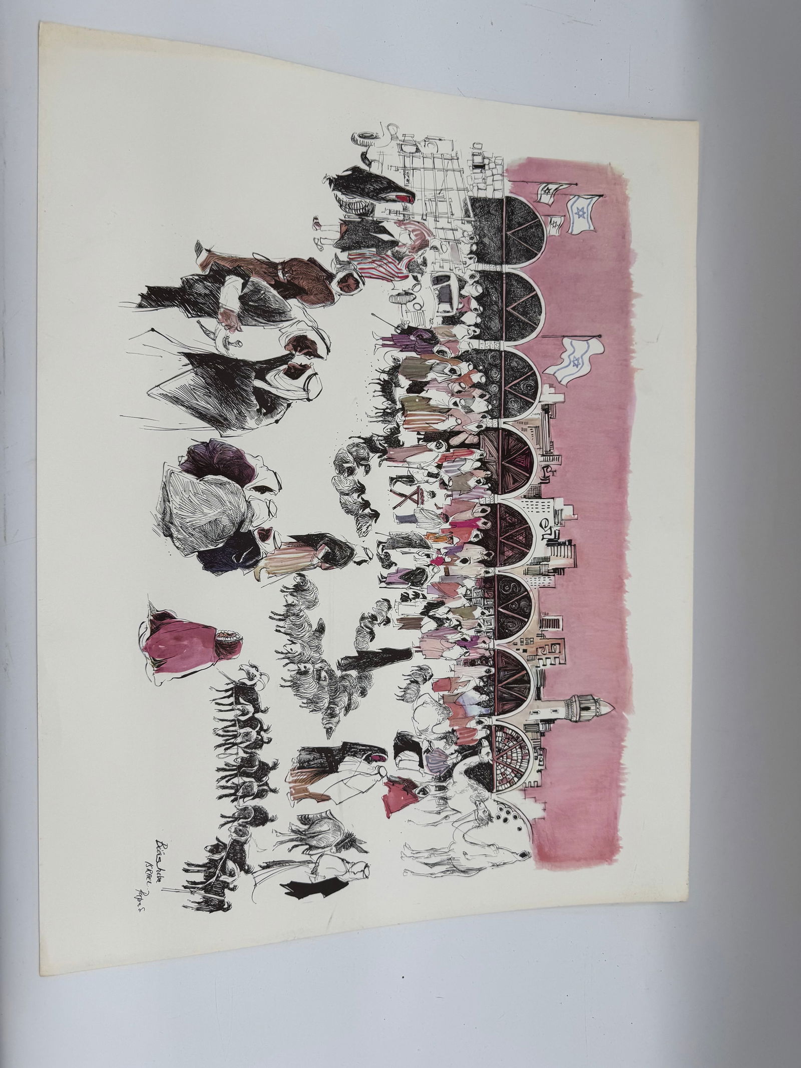 Beersheba Israel by Papas: A detailed and dynamic illustration of Beersheba by Papas, depicting a bustling market scene with merchants, wagons, camels, and townspeople. The artist’s expressive ink and watercolor technique