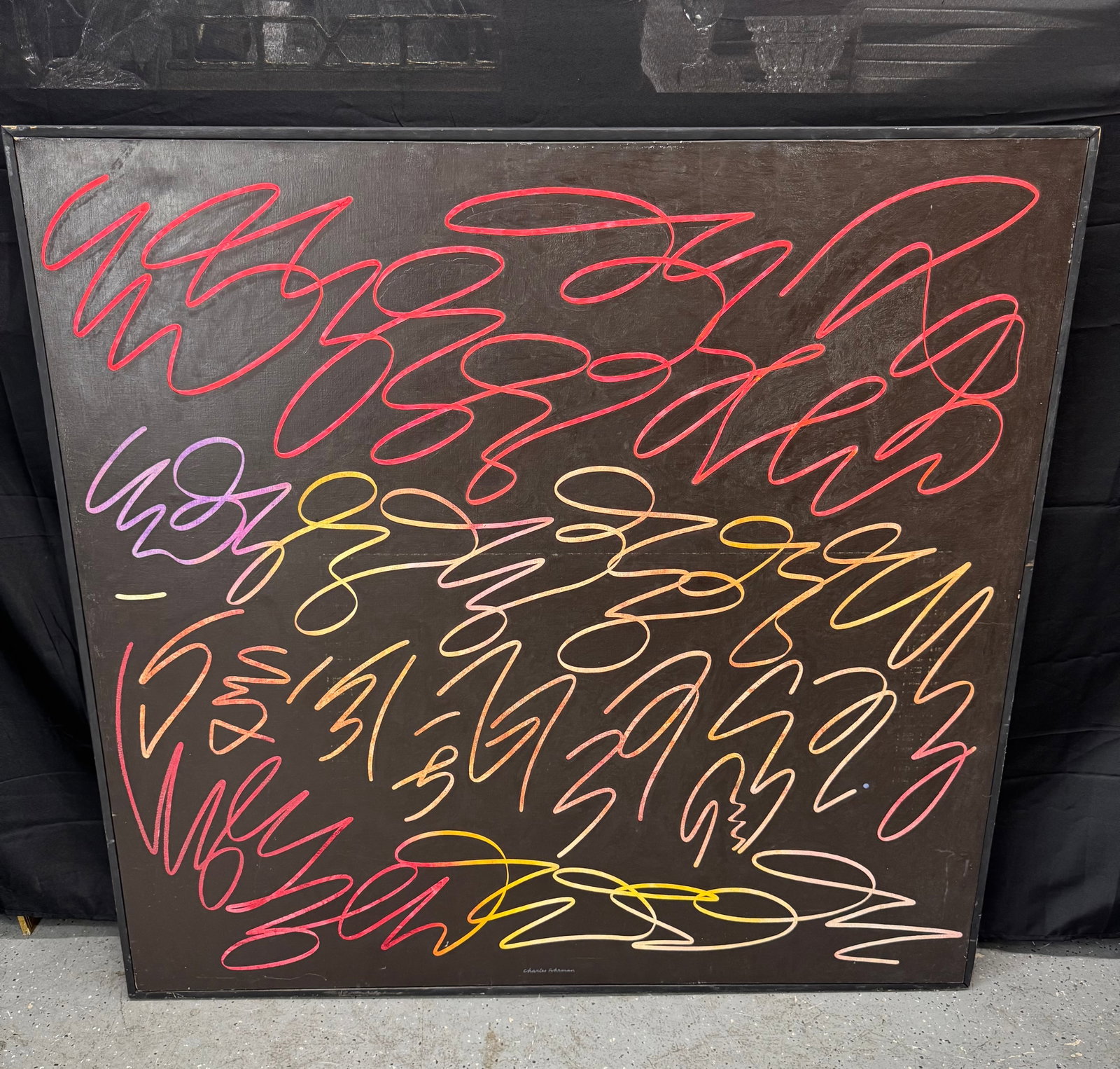 Large abstract painting by Charles Fuhrman, 1969: Large abstract painting featuring dynamic looping calligraphic strokes in red, yellow, and pink over a deep brown background. Signed and dated 1969 by Charles Fuhrman The rhythmic, flowing 