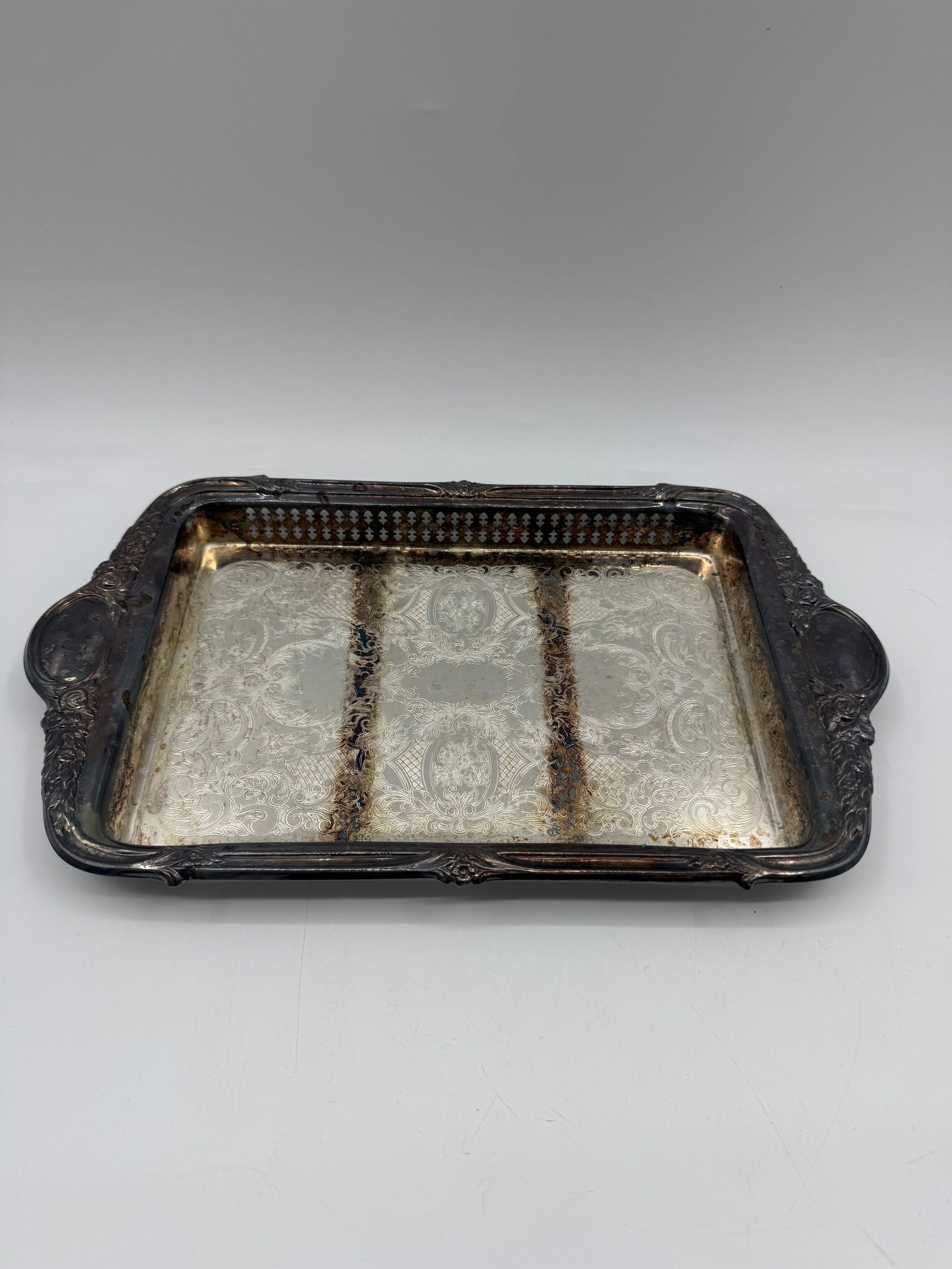 Silver Plated Serving Tray with Ornate Border (1 of 3)