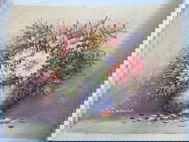 Floral Still Life in Purple Vase by Charles Manning Oil on Canvas