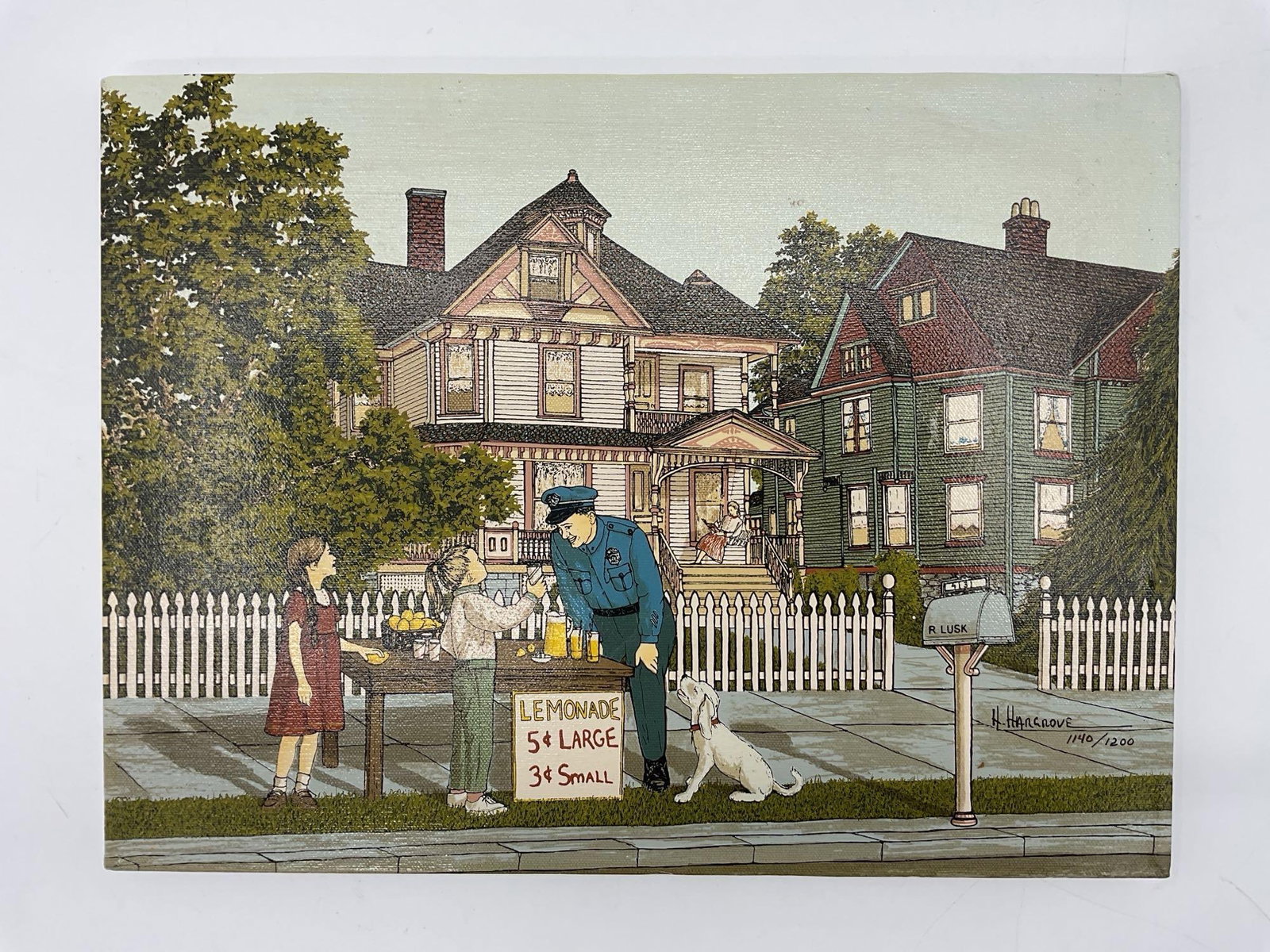 Lemonade Stand by H. Hargrove: Wholesome Americana scene showing children selling lemonade to a friendly neighborhood policeman in front of charming Victorian homes. A nostalgic depiction of community and childhood innocence. Dimen