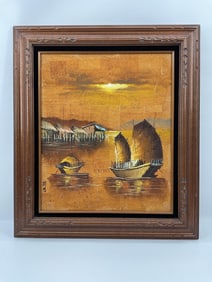 Vintage Asian Harbor Scene Oil on Canvas