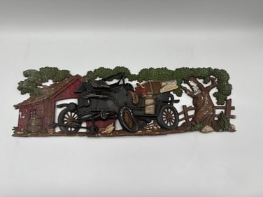 Vintage Farm Scene Wall Plaque with Model T Car