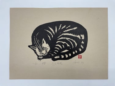 Sleeping Cat Chinese Linocut