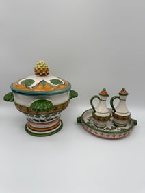 Italian Majolica Soup Tureen and Oil Cruet Set