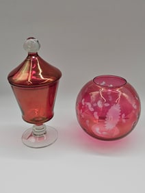 Two Cranberry Glass Decorative Pieces