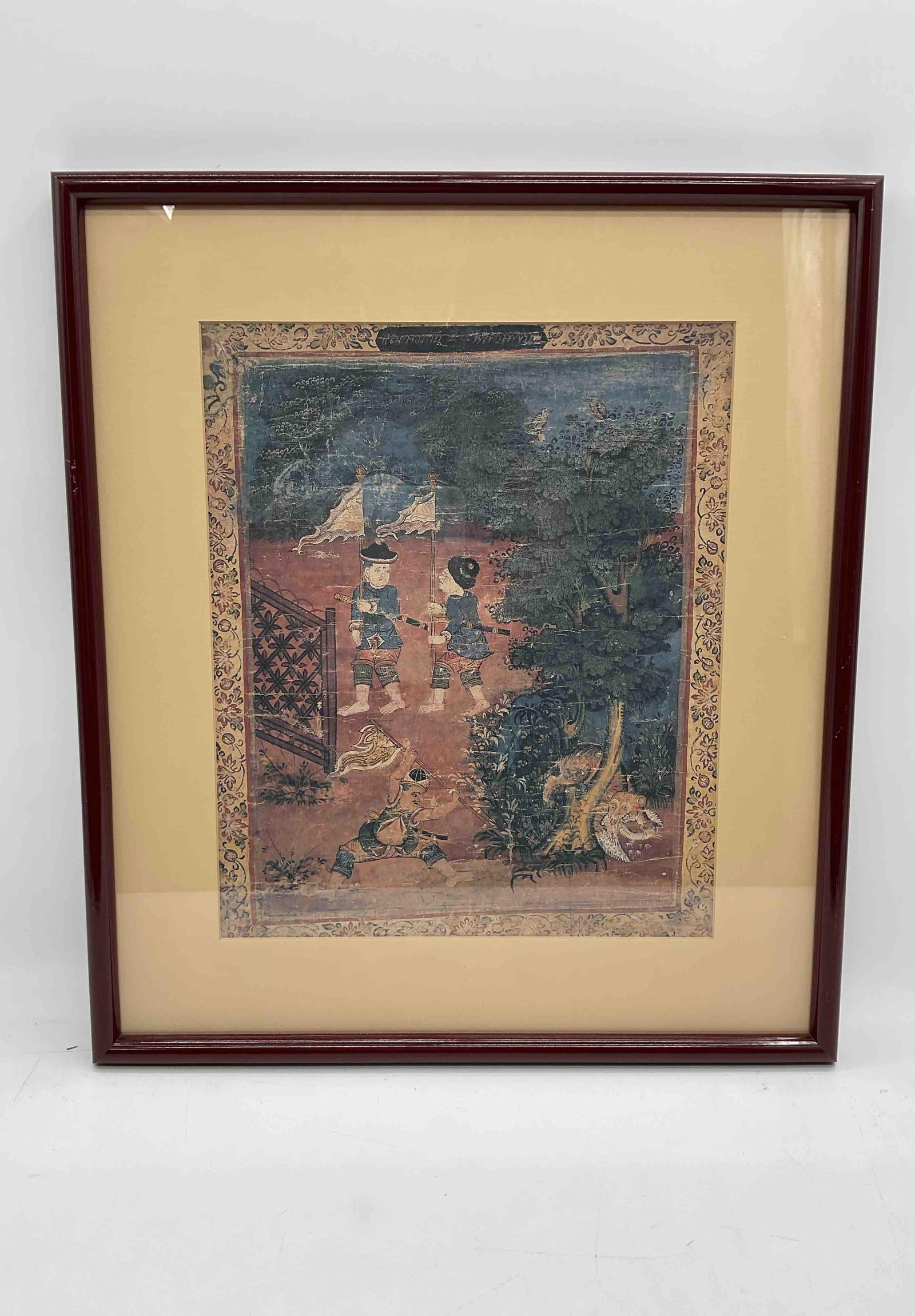 Antique Traditional Thai Buddhist Painting: Description: Traditional scene with multiple figures in ceremonial attire near a palace setting, bordered with intricate floral designs. Medium: opaque watercolor and gold on paper. Dimensions: