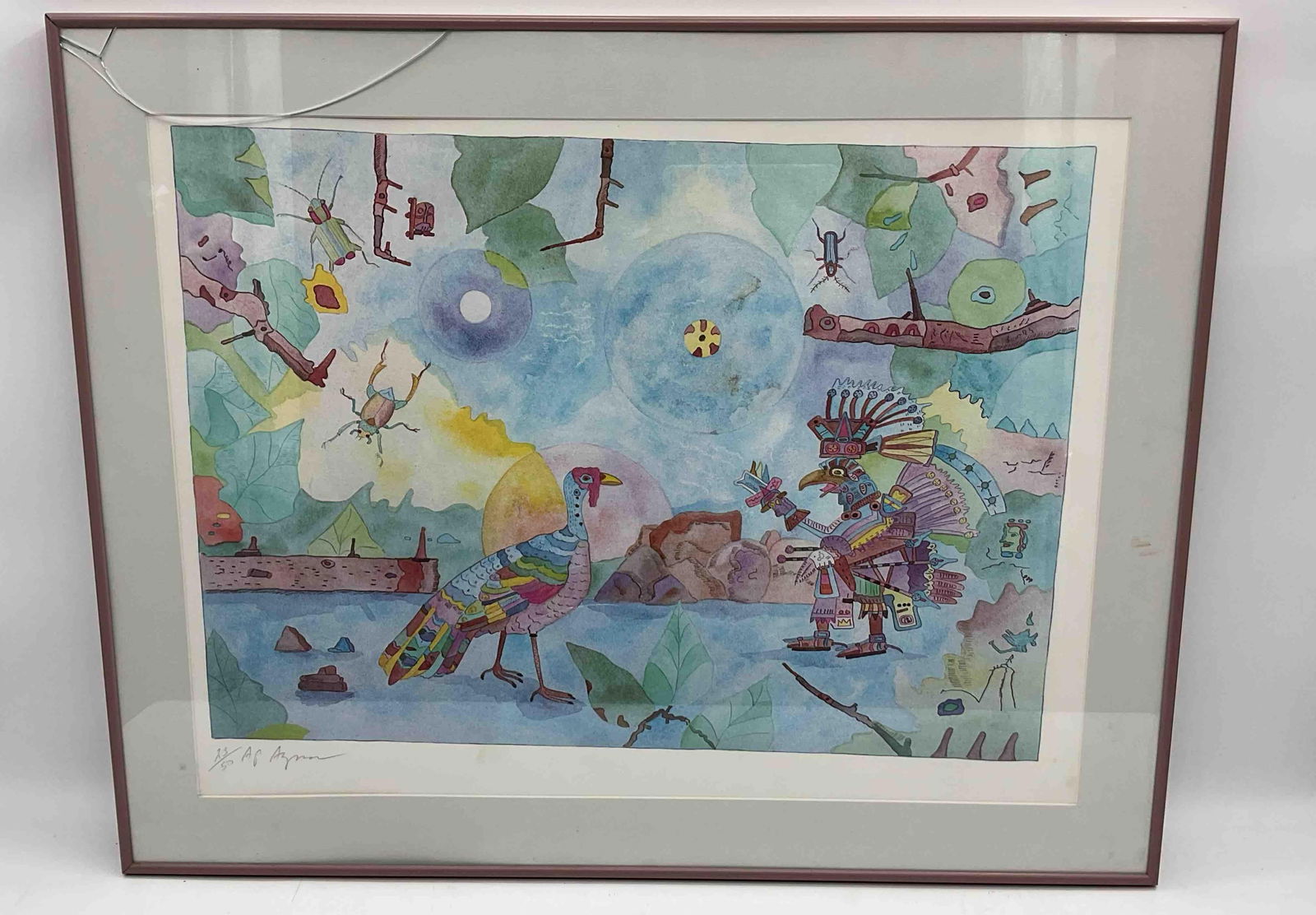 "American Turkey and Egyptian" by Aymon de Roussy de Sales: Description: Brightly colored surrealist composition by New York City based artist featuring stylized birds, geometric shapes, and dreamlike landscapes in pastel tones. Medium: Screen-print