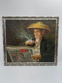 Chinese Man Reading by H.P. Wang (Chinese) Oil on Canvas