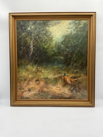 Pheasants in Woodland Clearing Oil on Canvas Painting