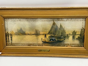 "At the Ferry" Painting of Boats at Sea