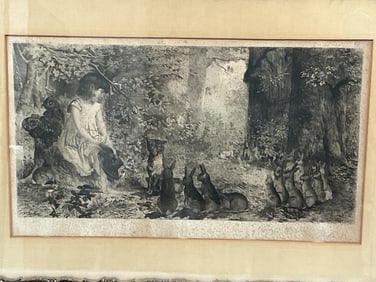 Antique Etching of Girl with Animals in Forest
