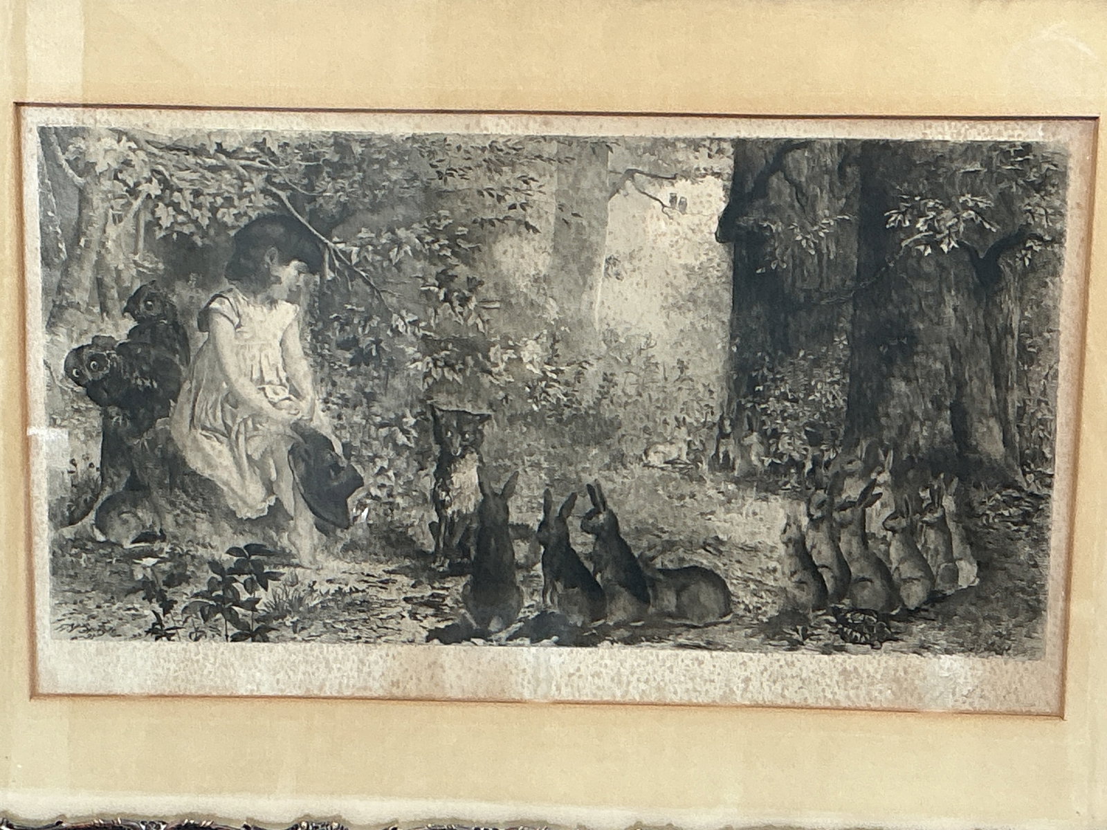 Antique Etching of Girl with Animals in Forest: Description: Framed print depicting a young girl seated in a forest surrounded by various animals. The print is presented in a decorative frame. Medium: etching Dimensions: 29 in h x 4
