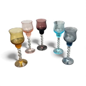 Set of Five Twisted-Stem Colored Sherry Glasses
