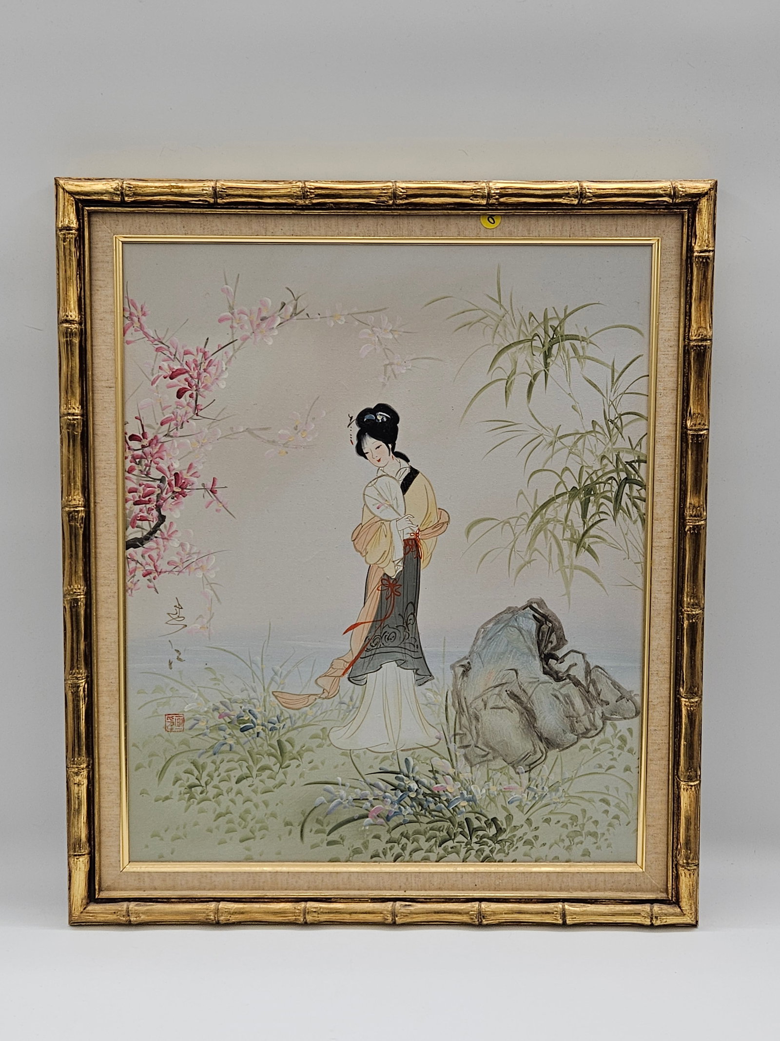Vintage Asian Painting of Woman in Garden: Watercolor painting on canvas depicting a woman in a garden setting. Framed. Dimensions: H: 28 in W: 24 in