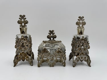 Antique Silver Overlay Glass Vanity Set, 3 Pieces