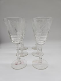 Set of Six Etched Crystal Wine Glasses