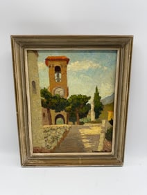 R. Bercaru, Italian Landscape with Clock Tower, Oil on Board