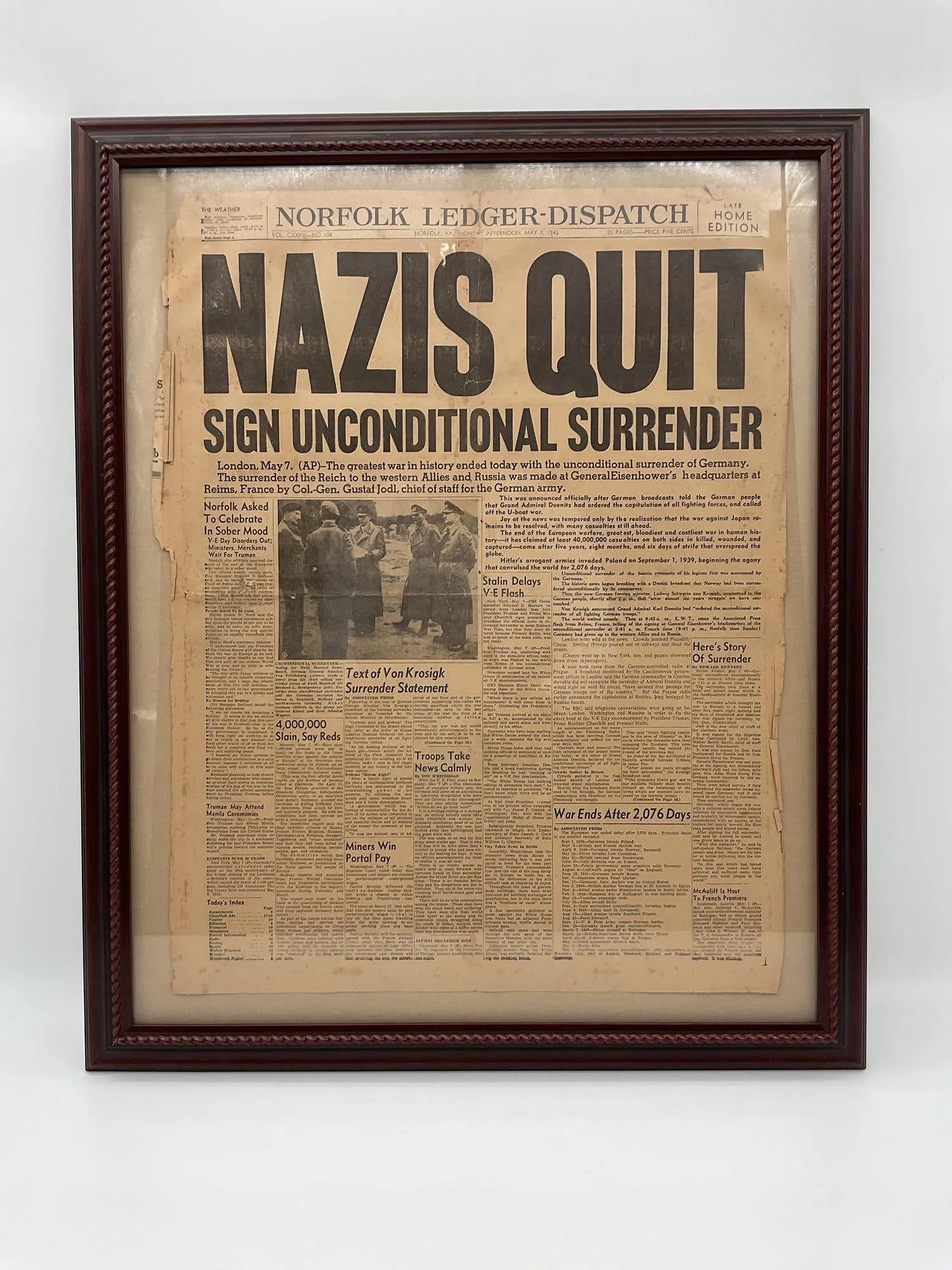 Norfolk Ledger-Dispatch "Nazis Quit" Newspaper Front Page, 1945 (1 of 1)