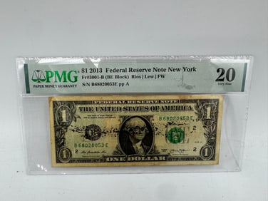 2013 $1 Federal Reserve Note New York PMG graded 20