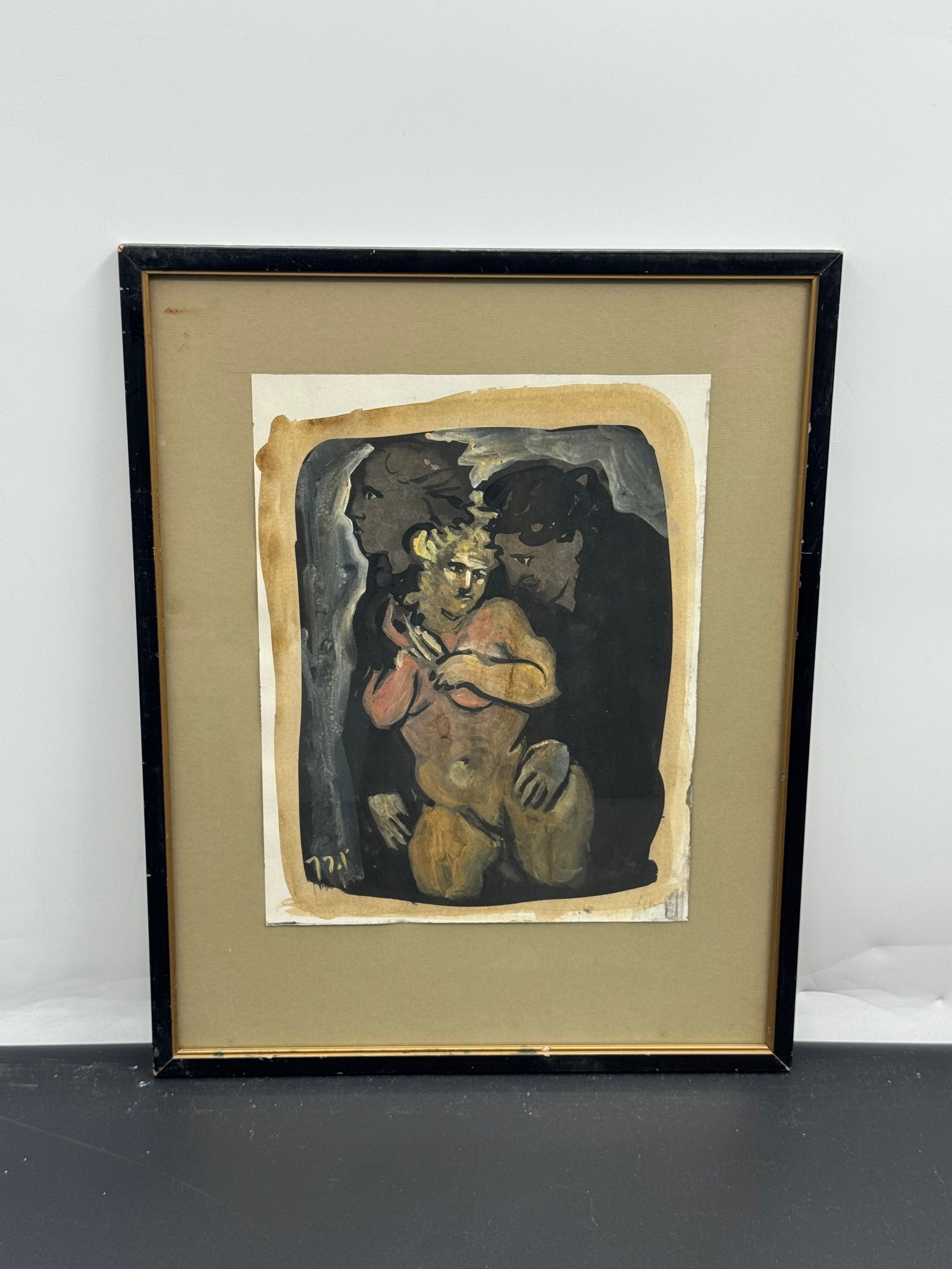 Figural Nude By Arick (Israeli) Watercolor: Expressionist mixed media painting on paper depicting a seated nude woman flanked by two dark, shadowy male figures. The central figure is rendered in earthy flesh tones with touches of rose and gold,