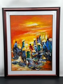 Tran Ngoc Tung Vietnamese Market Scene Oil on Board