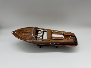 Vintage Wooden Chris-Craft Style Speedboat Model with Chrome Trim